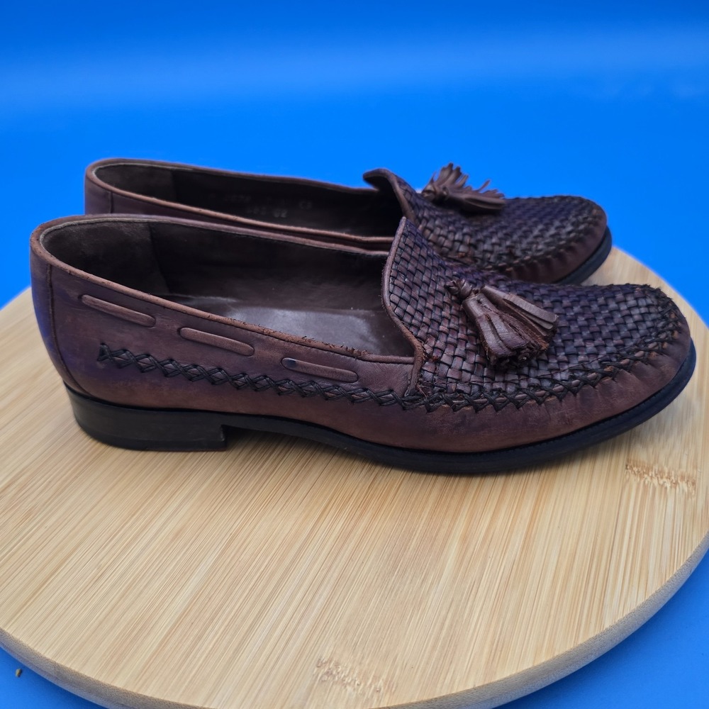 Cole Haan Women 7AA Brown Woven Leather Slip On Tassel Heel Loafer Casual Shoes